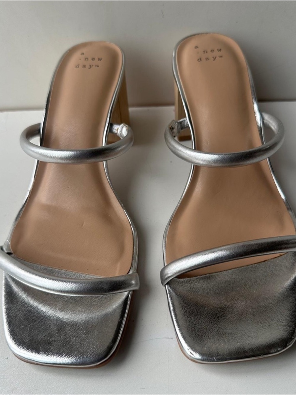 A New Day Silver Double Strap Block Heel Mules Square Toe Sandals Women's Size 9